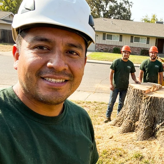 Smiling Lineage Tree Care crew selfie after removing a large oak in Everett