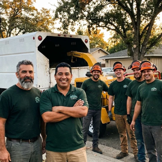 Tree service owner and crew with chip truck on a Everett street